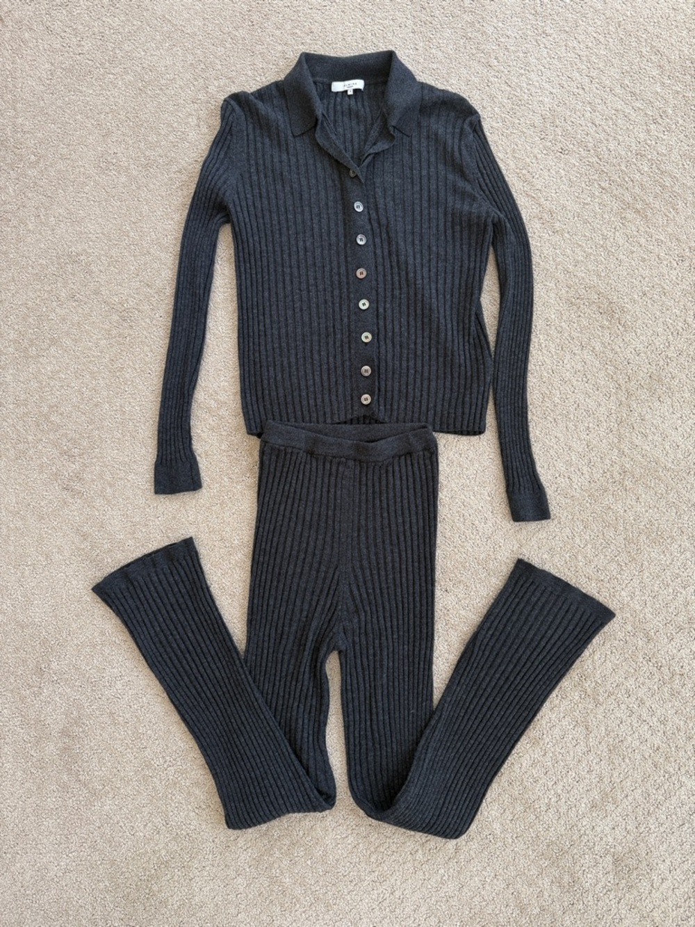 Almina Concept Ribbed Knit Set | Button Cardigan + Flare Pants | Size S
